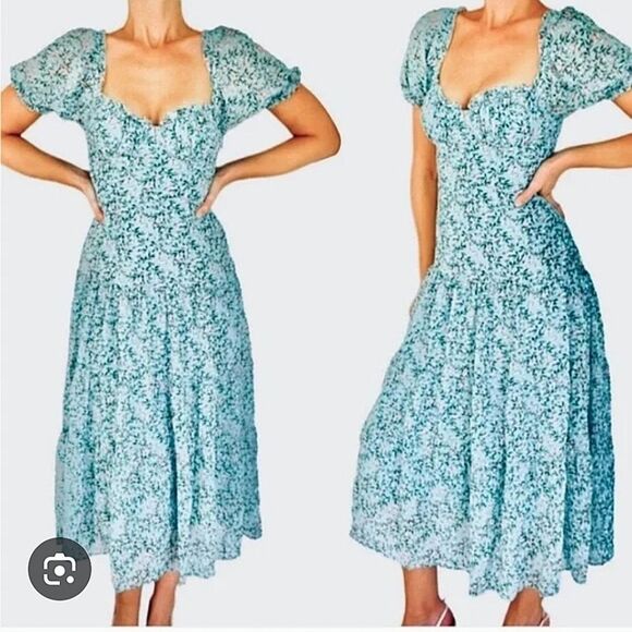 Astr The Label Midi Dress Drop Waist Puff Sleeve Blue Green Floral Women's Small - Picture 1 of 14